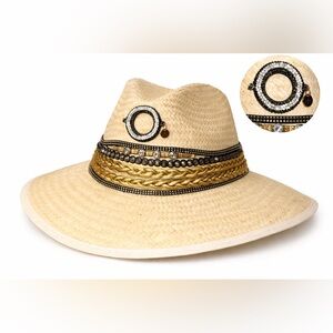 Handmade Straw Hat Women – Boho Chic Wide Brim Hat – Gold & Crystal Band